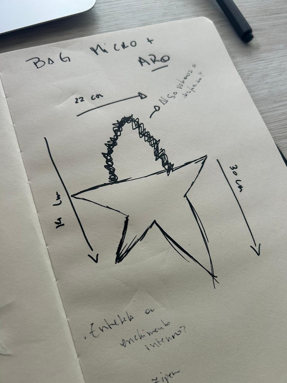 Desenho original da BOLSA ESTRELA em caderno, com medidas anotadas à mão