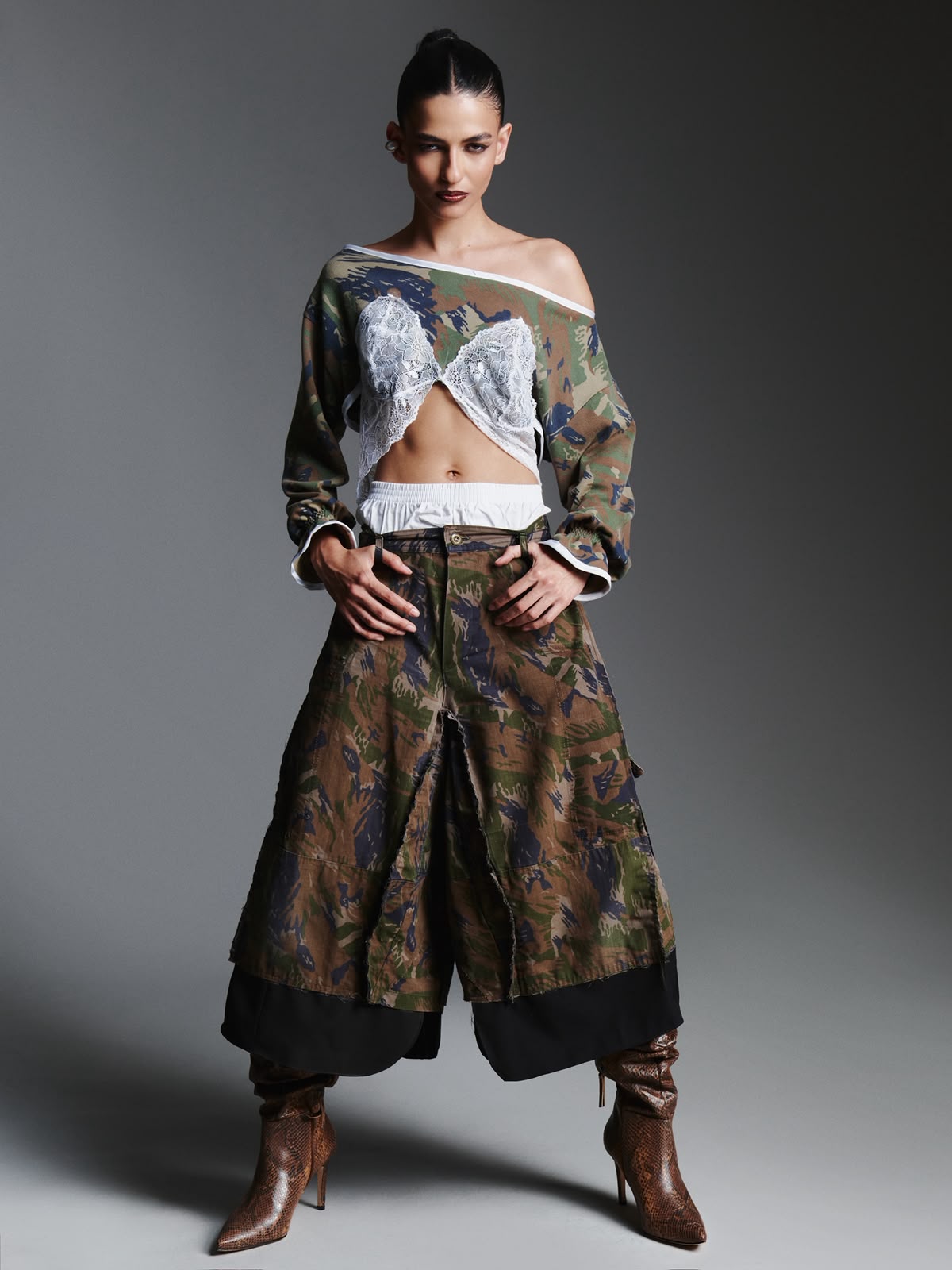 Campanha CONTRASTES — look em camuflagem ressignificada, em cor